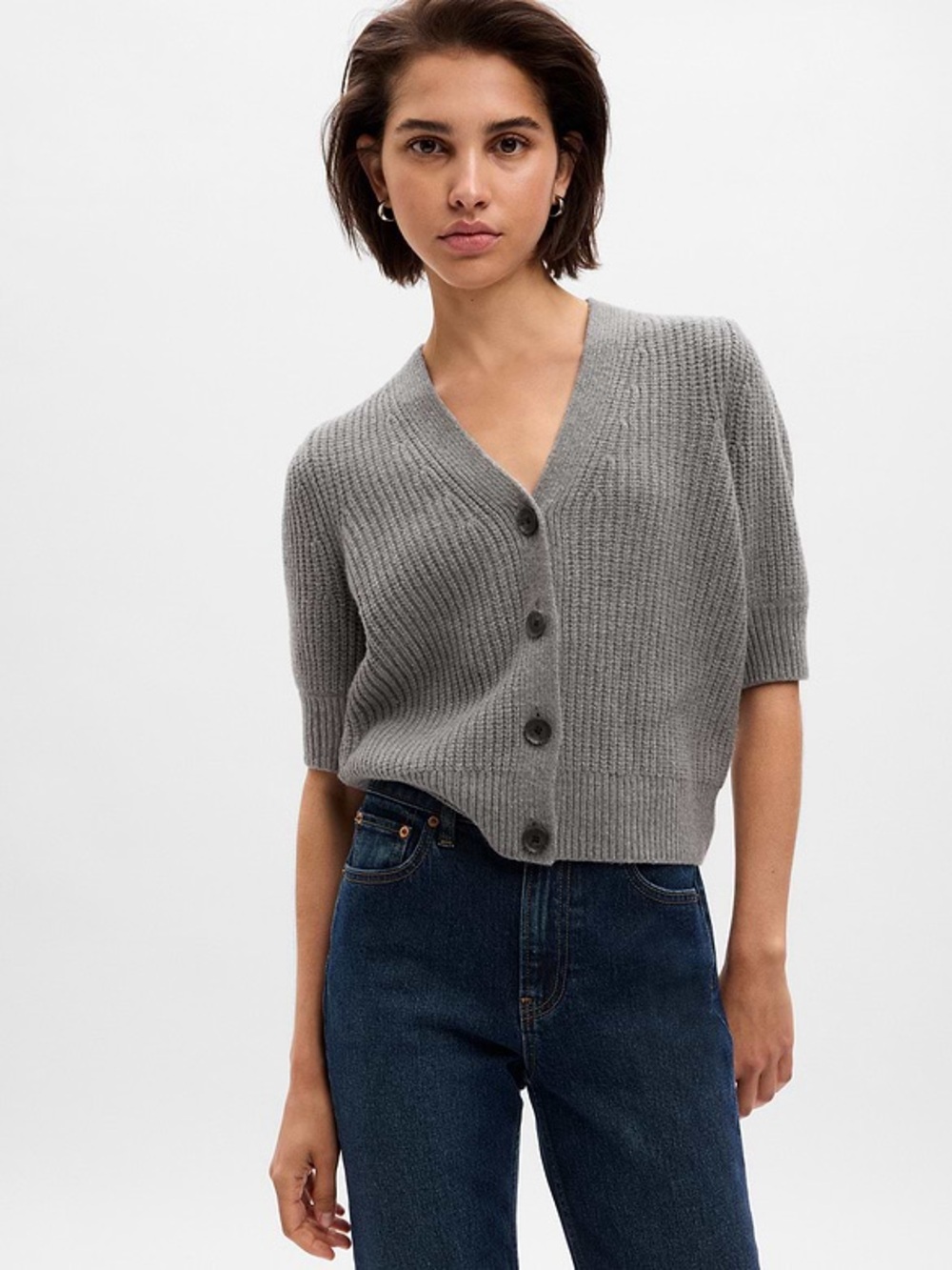 GAP CashSoft Puff Sleeve Cardigan in Gray Heather Size S